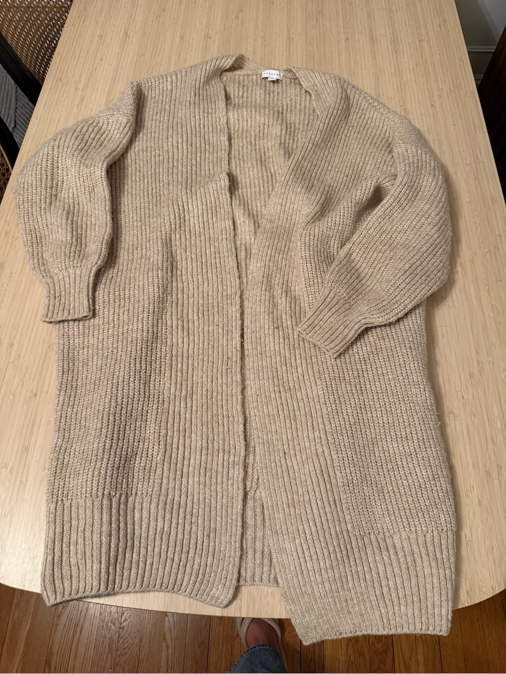 Topshop Neutral Tan Open-Front Ribbed Long Cardigan